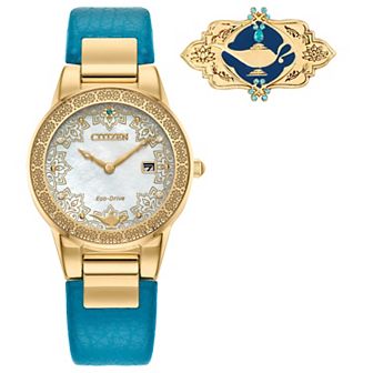 Disney's Princess Jasmine Citizen Women's Eco-Drive Gold Tone Stainless Steel Teal Leather Strap Watch & Pin Box Set