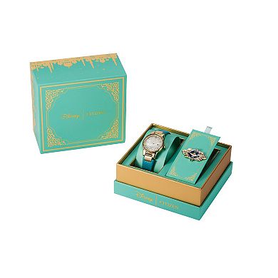 Disney's Princess Jasmine Citizen Women's Eco-Drive Gold Tone Stainless Steel Teal Leather Strap Watch & Pin Box Set