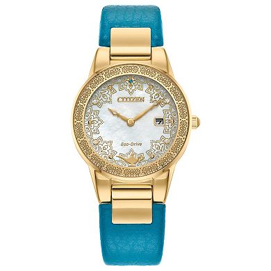 Disney's Princess Jasmine Citizen Women's Eco-Drive Gold Tone Stainless Steel Teal Leather Strap Watch & Pin Box Set
