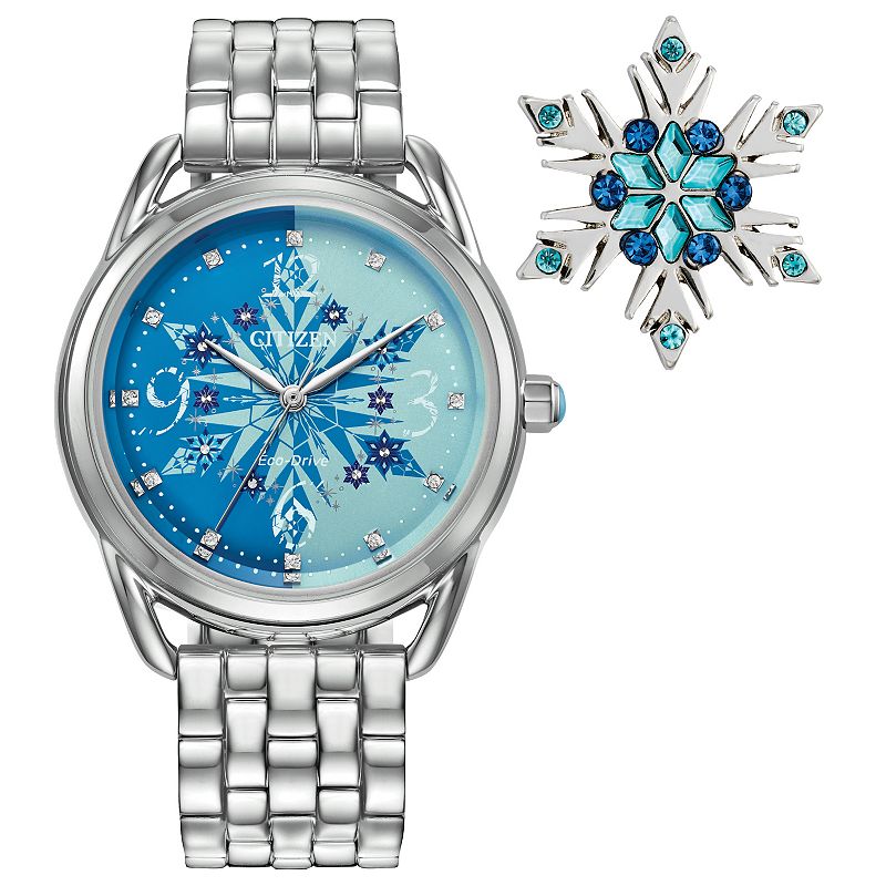 Disney's Frozen Citizen Women's Eco-Drive Stainless Steel Blue Crystal Accent Dial Bracelet Watch, Size: 36MM, Silver