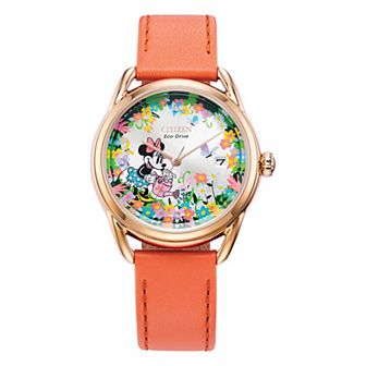 Disney's Gardening Minnie Citizen Women's Eco-Drive Rose Gold Tone Stainless Steel Coral Leather Strap Watch - FE6087-04W