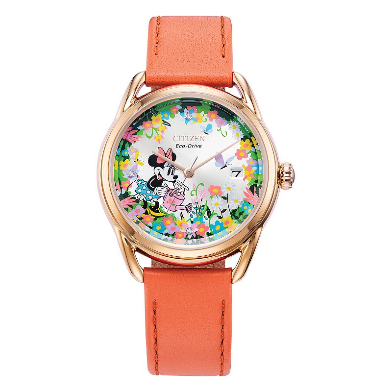 Disney's Gardening Minnie Citizen Women's Eco-Drive Rose Gold Tone Stainless Steel Coral Leather Strap Watch - FE6087-04W, Size: 36MM, Pink