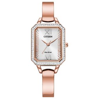 Citizen Eco-Drive Silhouette Crystal Women's Rose Gold Tone Stainless Steel Silver Dial Bangle Watch