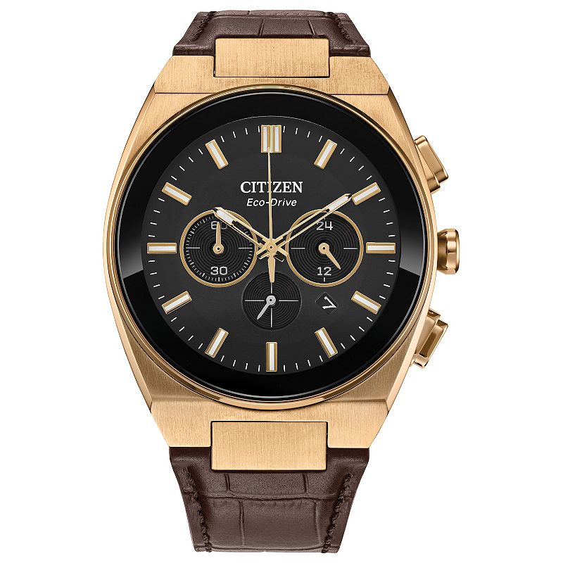 Citizen Men's Eco-Drive Axiom Gold Stainless Steel Chronograph Brown Leather Strap Watch - CA4583-01E, Size: 43MM