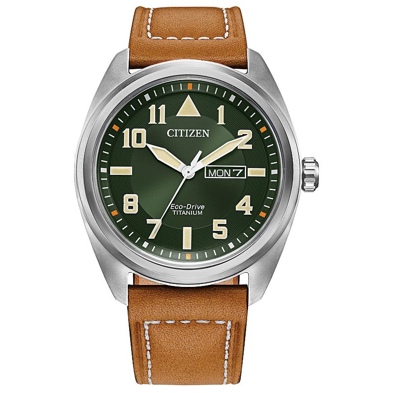 Citizen Men's Eco-Drive Garrison Titanium Green Dial Brown Leather Strap Watch - BM8560-02X, Size: 42MM