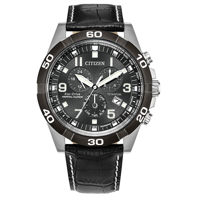 Citizen Men's Eco-Drive Titanium Black Chronograph Dial Black Leather Strap Watch - BL5558-15H, Size: 43MM