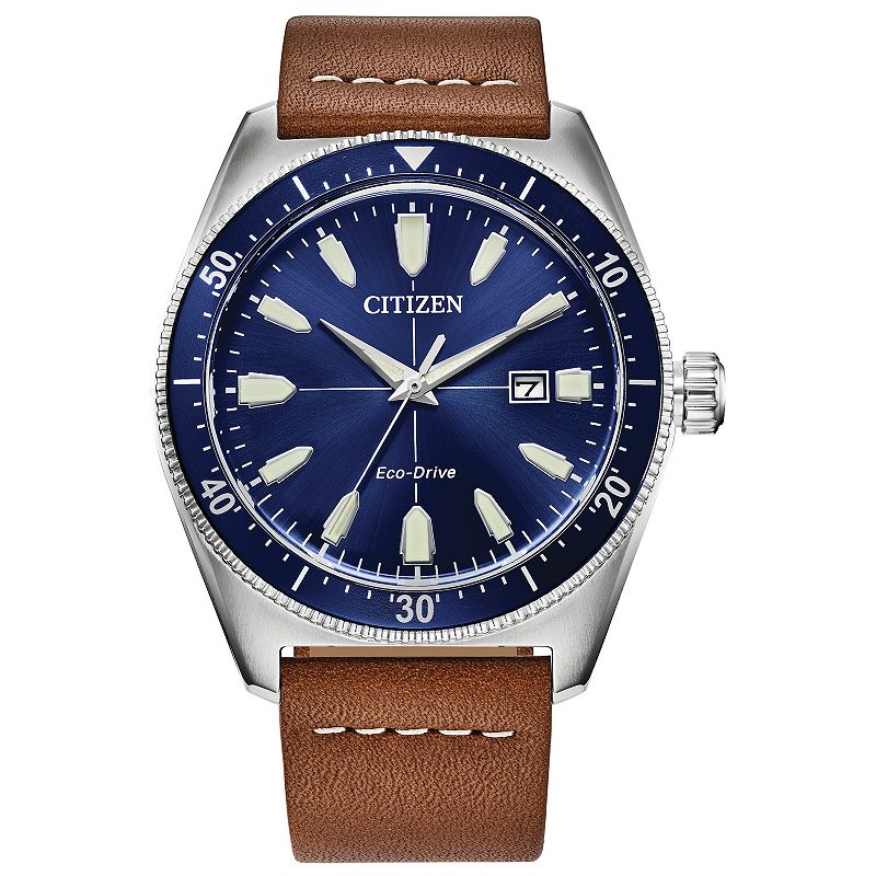Citizen Men's Eco-Drive Brycen Stainless Steel Blue Dial Brown Leather Strap Watch - AW1798-03L, Size: 43MM