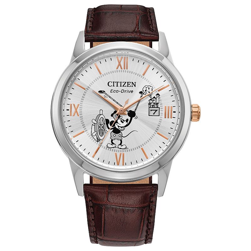 Disney's Steamboat Willie Mickey Mouse Citizen Men's Eco-Drive Stainless Steel Brown Leather Strap Watch - AW1788-07W, Size: 40 mm