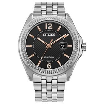 Citizen Men's Eco-Drive Corso Stainless Steel Black Dial Coin Edge Bezel Bracelet Watch - AW1740-54H