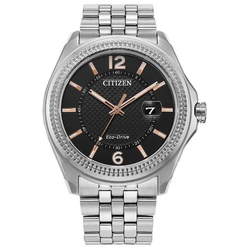 Citizen Men's Eco-Drive Corso Stainless Steel Black Dial Coin Edge Bezel Bracelet Watch - AW1740-54H, Size: 42MM, Silver