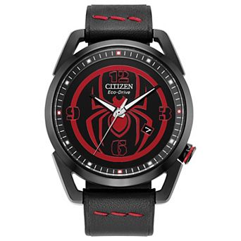 Citizen Men's Eco-Drive Marvel Mile Morales Black IP Stainless Steel Black Leather Strap Watch