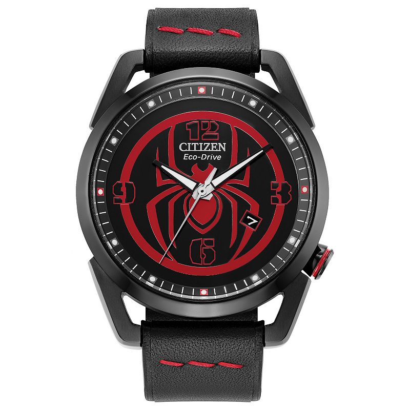 Citizen Men's Eco-Drive Marvel Mile Morales Black IP Stainless Steel Black Leather Strap Watch, Size: 42MM