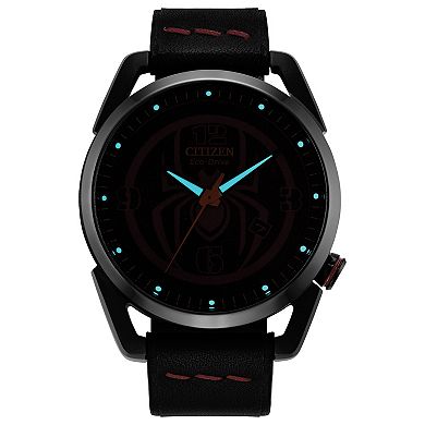 Citizen Men's Eco-Drive Marvel Mile Morales Black IP Stainless Steel Black Leather Strap Watch