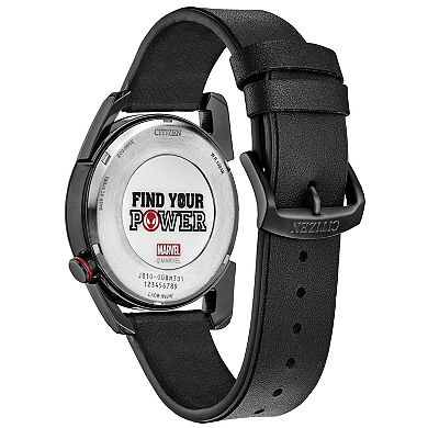 Citizen Men's Eco-Drive Marvel Mile Morales Black IP Stainless Steel Black Leather Strap Watch