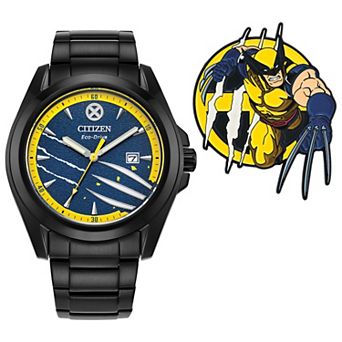 Citizen Men's Eco-Drive Marvel Wolverine Black IP Stainless Steel Blue Dial Bracelet Watch & Pin Set - AW1435-66W