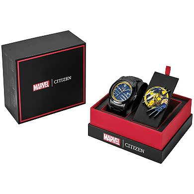 Citizen Men's Eco-Drive Marvel Wolverine Black IP Stainless Steel Blue Dial Bracelet Watch & Pin Set