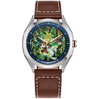 Disney's Mickey Mouse Explorer Citizen Men's Eco-Drive Stainless Steel Brown Leather Strap Watch - AW1149-06W
