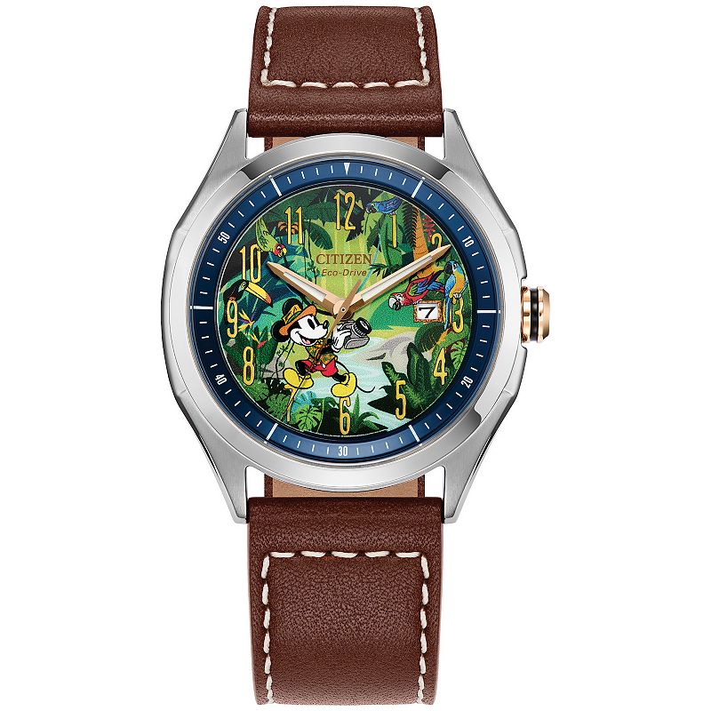 Disney's Mickey Mouse Explorer Citizen Men's Eco-Drive Stainless Steel Brown Leather Strap Watch - AW1149-06W, Size: 41MM