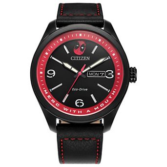 Citizen Men's Eco-Drive Marvel Here Comes Deadpool Black IP Stainless Steel Black Leather Strap Watch - AW0145-02W