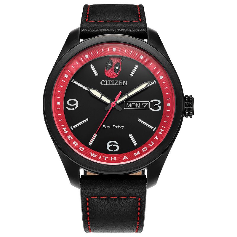 Citizen Men's Eco-Drive Marvel Here Comes Deadpool Black IP Stainless Steel Black Leather Strap Watch - AW0145-02W, Size: 43MM