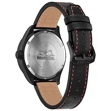 Citizen Men's Eco-Drive Marvel Here Comes Deadpool Black IP Stainless Steel Black Leather Strap Watch