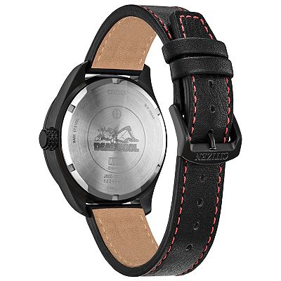 Citizen Men's Eco-Drive Marvel Here Comes Deadpool Black IP Stainless Steel Black Leather Strap Watch - AW0145-02W