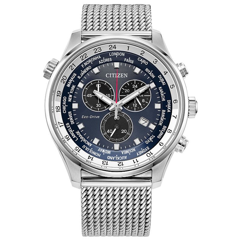 Citizen Men's Eco-Drive Stainless Steel Chronograph Blue Dial Mesh Bracelet Watch - AT0368-82L, Size: 43MM, Silver