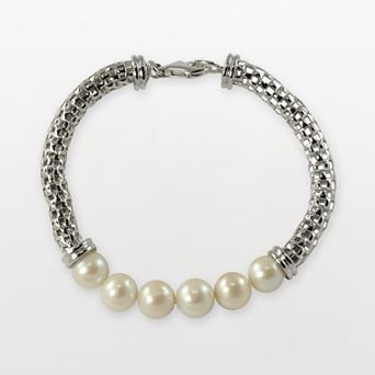 PearLustre by Imperial Sterling Silver Freshwater Cultured Pearl Mesh Chain Bracelet