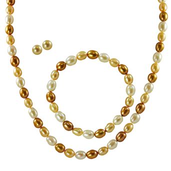 PearLustre by Imperial 14k Gold Dyed Freshwater Cultured Pearl Necklace, Stretch Bracelet and Stud Earring Set