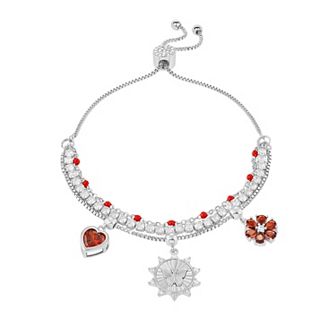 Brilliance Fine Silver Plated Red Cubic Zirconia Heart, Flower & Butterfly Charms Triple Layer Bracelet