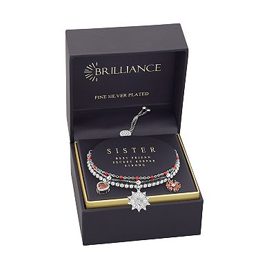 Brilliance Fine Silver Plated Red Cubic Zirconia Heart, Flower & Butterfly Charms Triple Layer Bracelet