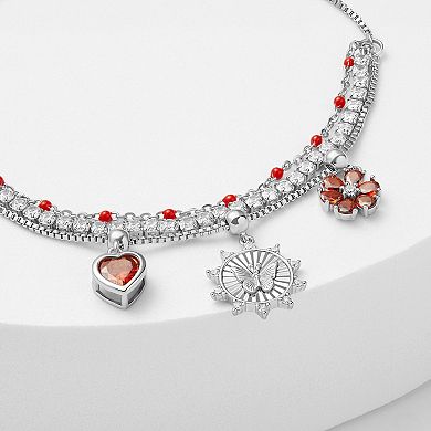 Brilliance Fine Silver Plated Red Cubic Zirconia Heart, Flower & Butterfly Charms Triple Layer Bracelet