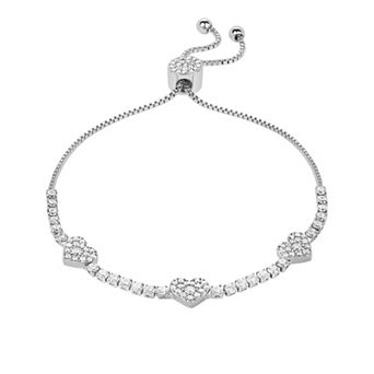 Brilliance Fine Silver Plated Cubic Zirconia Triple Heart Adjustable Bracelet