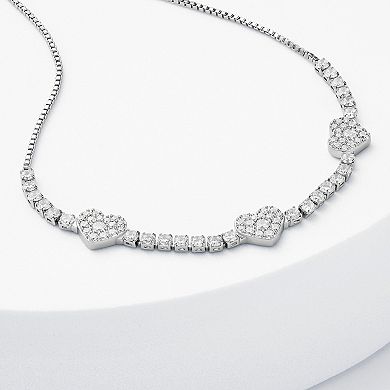 Brilliance Fine Silver Plated Cubic Zirconia Triple Heart Adjustable Bracelet