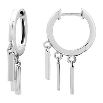 Aleure Precioso Sterling Silver Polished Huggie Earrings with 3 Rectangle Drop Charms