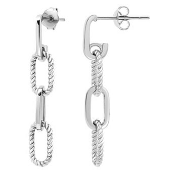 Aleure Precioso Sterling Silver Polished & Textured Triple Oval Paper Clip Link Drop Earrings