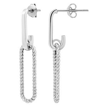 Aleure Precioso Sterling Silver Twisted Elongated Paperclip Link Drop Earrings