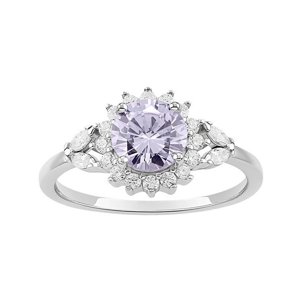 PRIMROSE Sterling Silver Clear & Lavender Cubic Zirconia Flower Band Ring - Gold Tone Aqua (9)