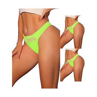 3 Packs Women's Low-waisted Satin Bikini Panties Elastic Lace Waist Thongs Underwears