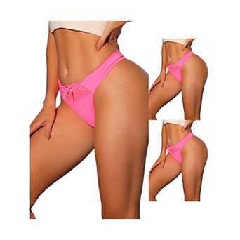 3 Packs Women's Low-waisted Satin Bikini Panties Elastic Lace Waist Thongs Underwears