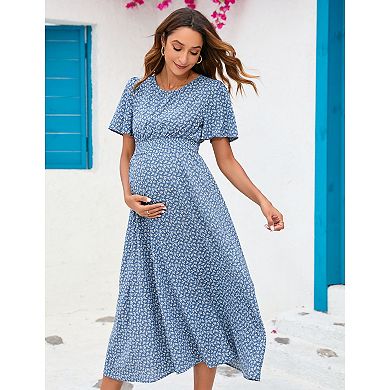 Women's Maternity Boho Ruffles Short Sleeve Dress Floral Smocked Scoop Neck Midi Dresses