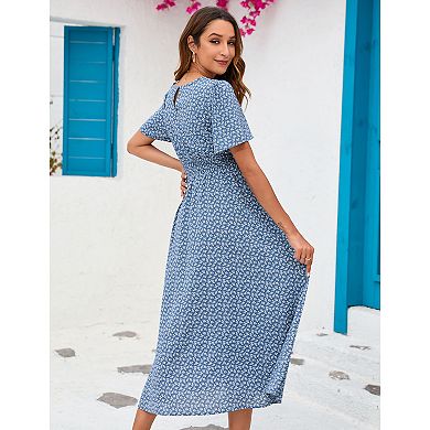 Women's Maternity Boho Ruffles Short Sleeve Dress Floral Smocked Scoop Neck Midi Dresses