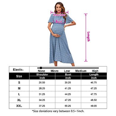 Women's Maternity Boho Ruffles Short Sleeve Dress Floral Smocked Scoop Neck Midi Dresses