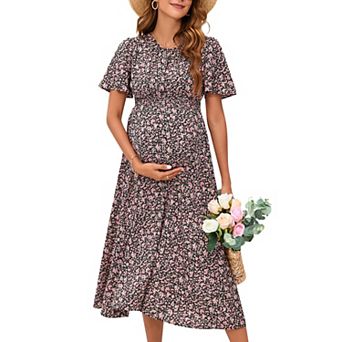 Women's Maternity Boho Ruffles Short Sleeve Dress Floral Smocked Scoop Neck Midi Dresses