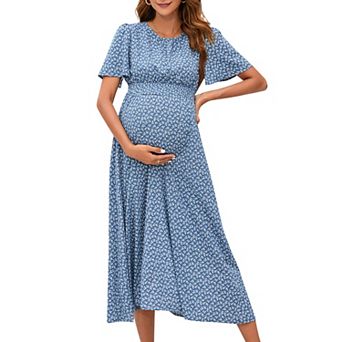 Women's Maternity Boho Ruffles Short Sleeve Dress Floral Smocked Scoop Neck Midi Dresses