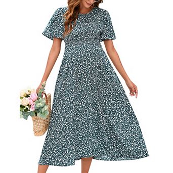 Women's Maternity Boho Ruffles Short Sleeve Dress Floral Smocked Scoop Neck Midi Dresses