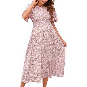 Women's Maternity Boho Ruffles Short Sleeve Dress Floral Smocked Scoop Neck Midi Dresses