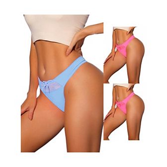 3 Packs Women's Low-waisted Satin Bikini Panties Elastic Lace Waist Thongs Underwears Muticolor