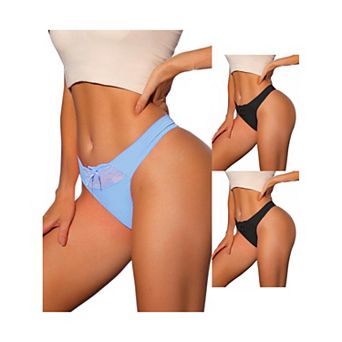 3 Packs Women's Low-waisted Satin Bikini Panties Elastic Lace Waist Thongs Underwear