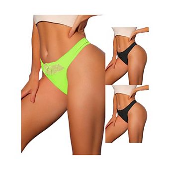 3 Packs Women's Low-waisted Satin Bikini Panties Elastic Lace Waist Thongs Underwear